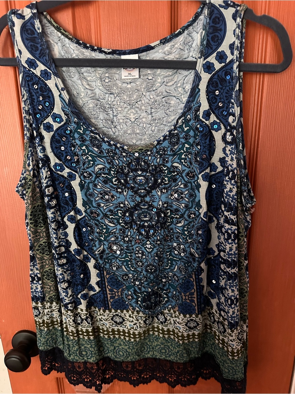 Women’s Boho Floral Embellished Tank Top - Blue/Green with Black Lace